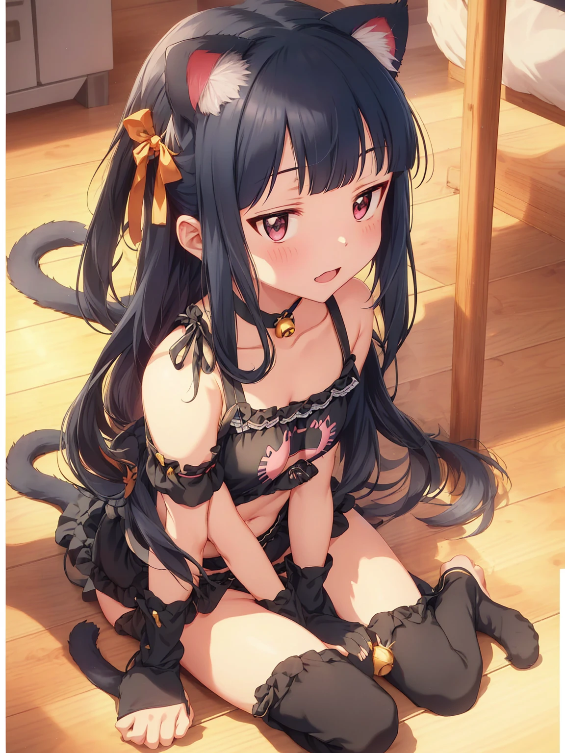 girl with cat ears and tail dark black hair white panties. white crop top sitting with legs open and hands on the floor