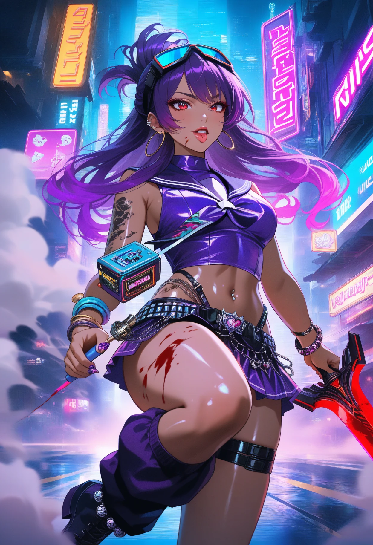 (Safety Sensor、approved、Browsing Safety:1.8), masterpiece、masterpiece、highest quality、highest quality、Perfect human body、Accurate the human body、Lighting to suit the mood、Accurate、Elaborate、Every detail of the face, Dark Skin, Woman with dark skin, Side Ponytail, hair ornaments, Hair Clip, White shirt, Bra visible through clothes, ????? pocket, Black choker, Blue tie, Purple scrunchie, bracelet,Latex Blue Pleated Skirt, Thigh straps,  fluorescent lip gloss、Simple Background, whole body, Detailed Background, Leaning forward, alone,Big cleavage、( ???????????、An eye is a heart:1.3、Heart Pupil:1.5,  Fluorescent contact lenses for eyes:1.5, Glowing oil skin:1.5, Sweat,vapor:1.5)、(Dim lighting:1.5, night:1.5, Love hotels in Japan :1.5、Realistic Background、Realistic:1.5, Many words:1.8、Heart Emotion:1.8, 、Double Peace、Mature adult woman、On the bed、sound、sound、Absolutely safe、Small face、Beautiful Girlfriend