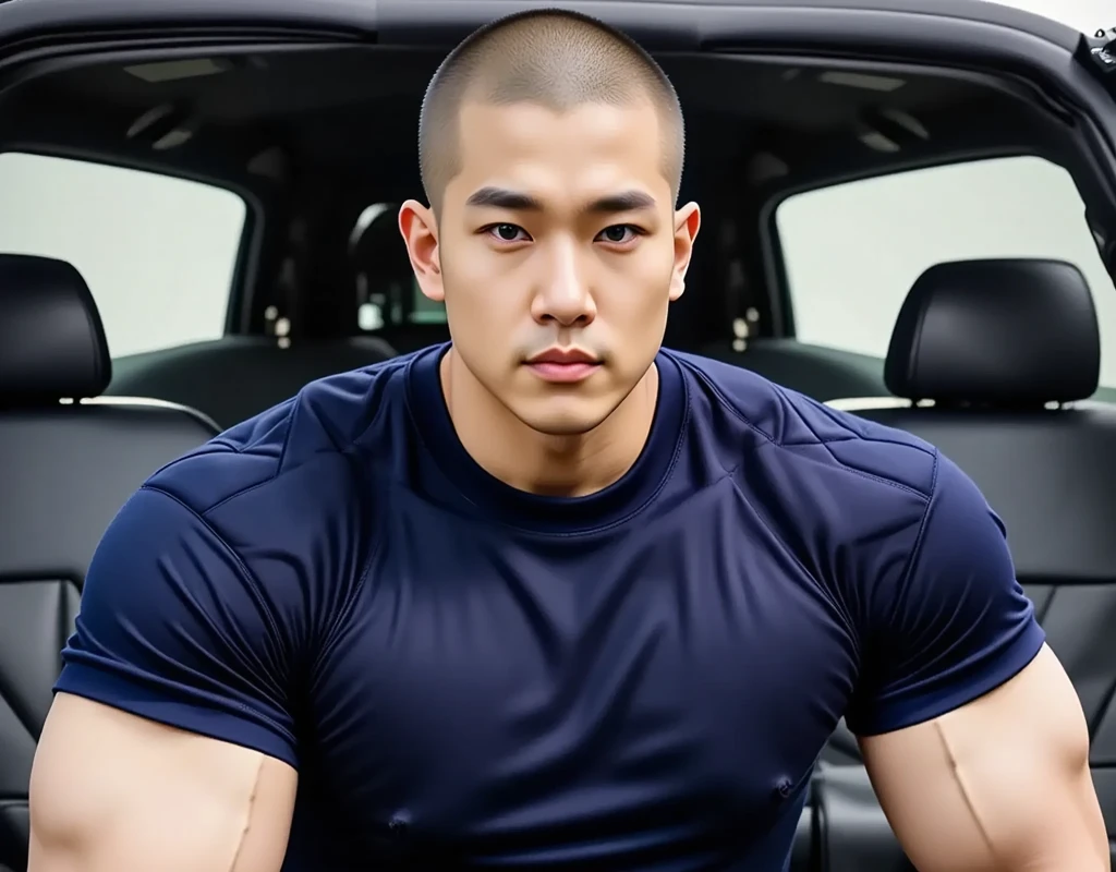 (32k, Masterpiece, Best Quality, Realistic-Photo, High Resolution, Textured Skin, Super Detailed, High Detailed), (white and smooth skin, Realistic Human Texture Skin with Ultra detailed), (Big Bulge, Huge Bulge)(handsome, sharp, wild facial features),Korean Man 20 year old, Totally Naked Driving open roof sport car