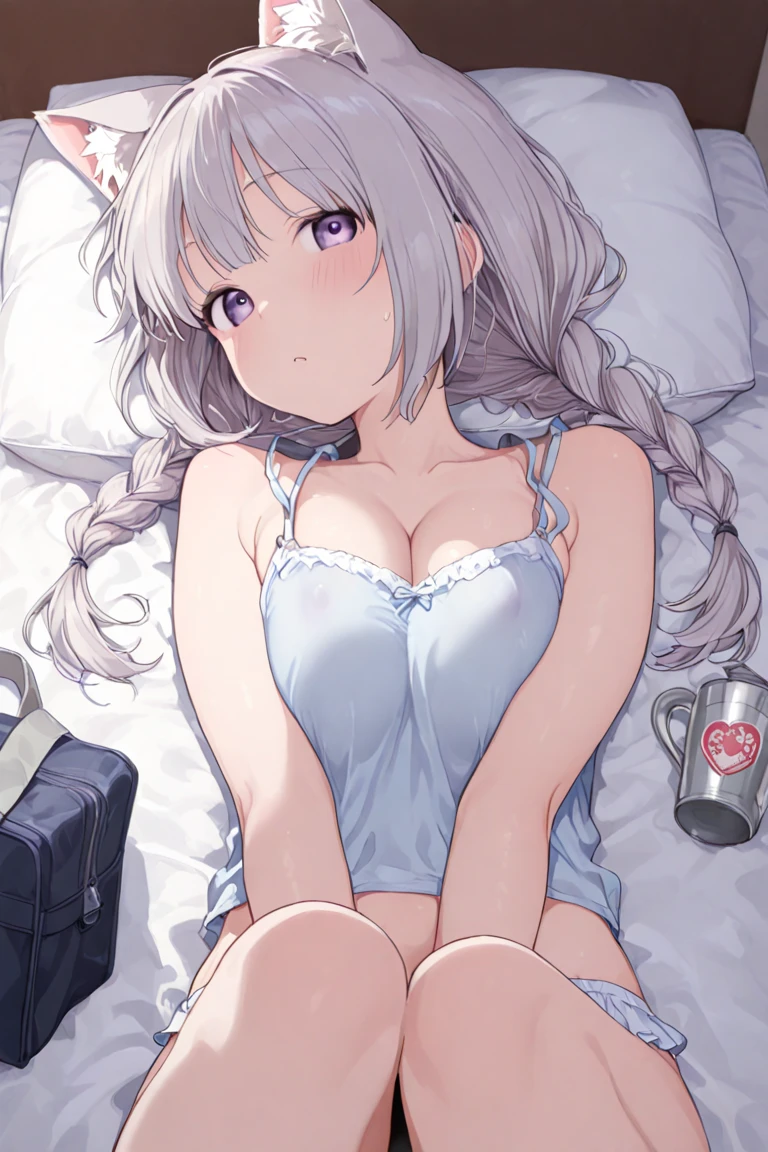 Silver Hair, Shack, Lying Down, Girl, White Bra, White thong Panties, (Dark Skin: 1.2), Medium Breasts, Fucking on Tongue, Sexual Arousal, Naked