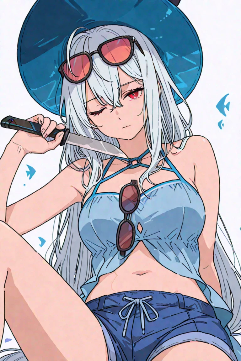 (best quality:1.2, ultra-detailed, photo-realistic:1.37), 1 girl, lonely, Melody, tall top hat, nurse cap, flowing long hair, braided hair, blue eyes, white hair, gray background, bikini swimwear