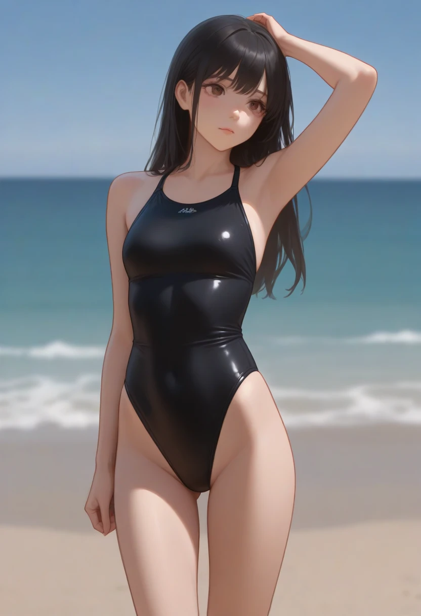 ((masterpiece, best quality)),((highres:1.2)), 1 Girl, solo, Blurred Background, (((Small breasts))), Thighs, (One piece swimsuit), pool, (leg lift:1.3) , groin