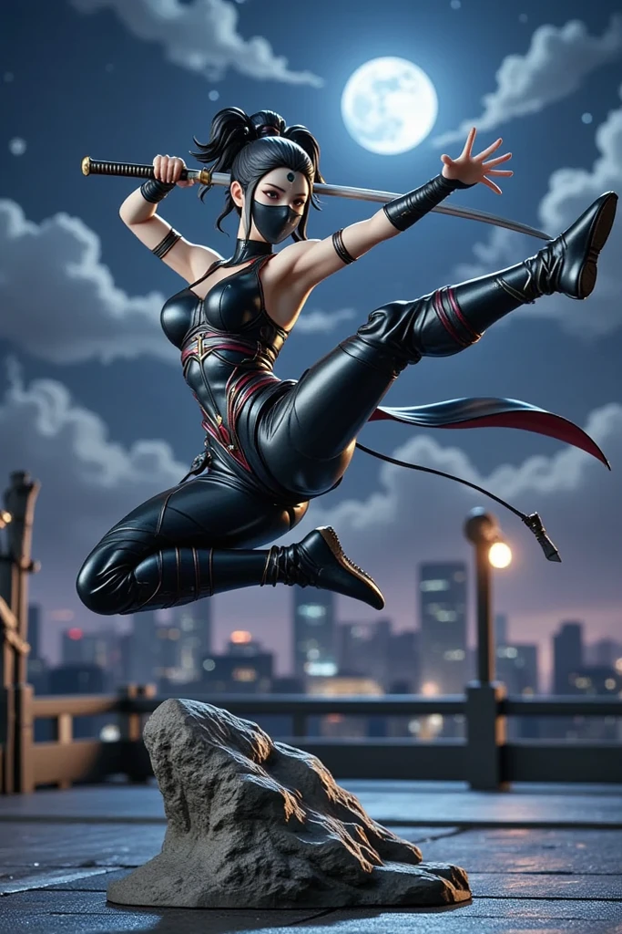 good anatomy, masterpiece, best quality,realistic, hyperrealistic, 16k hdr, taki, red fishnet bodysuit, fishnets, fingerless gloves, arm guards, shoulder armor,medium breasts,outdoor,castle background,blue sky,dynamic pose,(fighting pose:1.2),spread legs,(black mask,holding sword:1.1),cameltoe