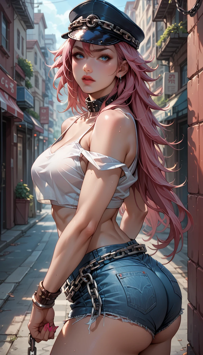 depth of field, dramatic light, cowboy shot, looking at viewer, 1girl, long hair, pink hair, ponytail, (messy hair), red eyes, large breasts, scrunchie, hair ornament, head tilt, (smile:0.7), collarbone, black shirt, navel, underboob, (open button shorts:1.2), wind, outdoors, street, building, glowing light, ray tracing, dynamic lighting, beautiful detailed sky, beautiful detailed cloud,
