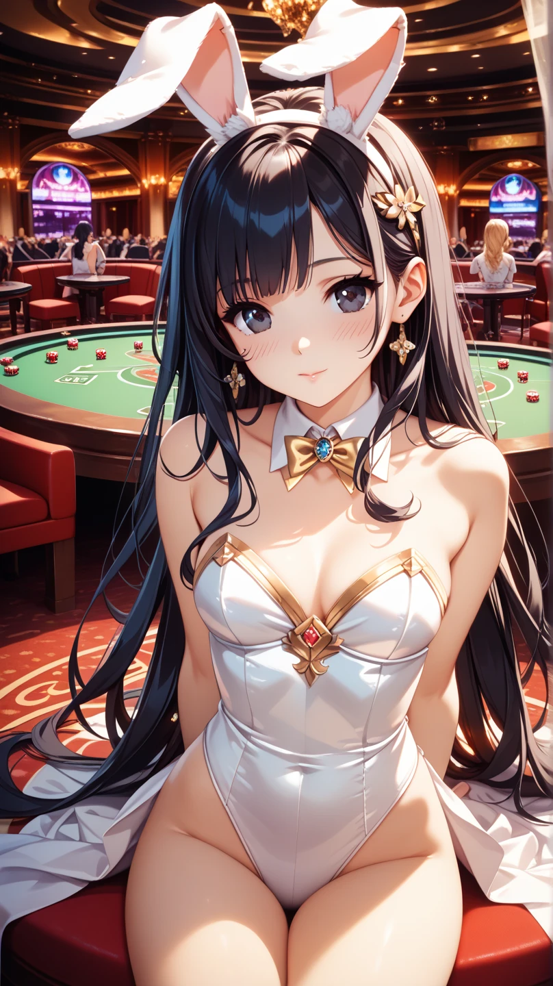 Adult female, busty, hourglass figure, sexy red dress, messy and long black hair, golden yellow irises, defined black pupils, passionate, seductive, sultry smile, casino, poker table, holding cards, sitting in a chair beside a poker table, well defined, perfect definition, high quality, perfect eyes, good hands, perfect hands, crowded casino,