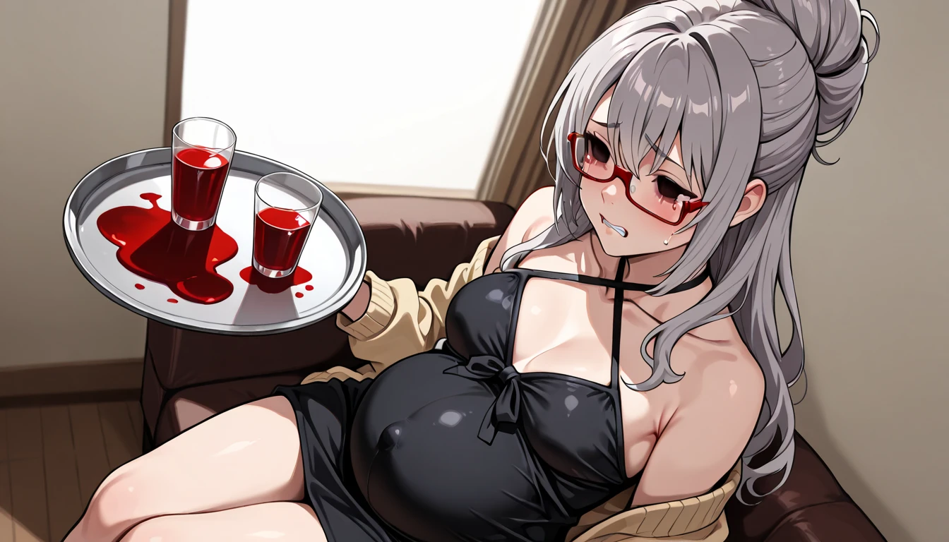 rolling up her shirt sleeves in the operating room、beautiful young blind girl in a dark skirt, solo, cute, 大きな, ((collarbone)), (ポケット),  masterpiece, Best Quality, great quality for pregnant women after a big meal, hyper-detail, realistic, Goo leaking out of her eyes, tears of blood, hollow eyes, clench your teeth,  half-open, ((two tiny pale red bloodshot eyeballs on a tray)), Seo Ikuko ,1girl, underarm crease,Chris Cross Halter,  Shoulders, BEEHIVE HAIRSTYLE, black swimsuit, , cardigan, Disconnect, collarbone, glass, large , long hair,  mature woman, belly button, Off Shoulder,, Red frame glasses, solo, swimsuit, Tall Hair, thighs, gray hair, cardigan, Sitting