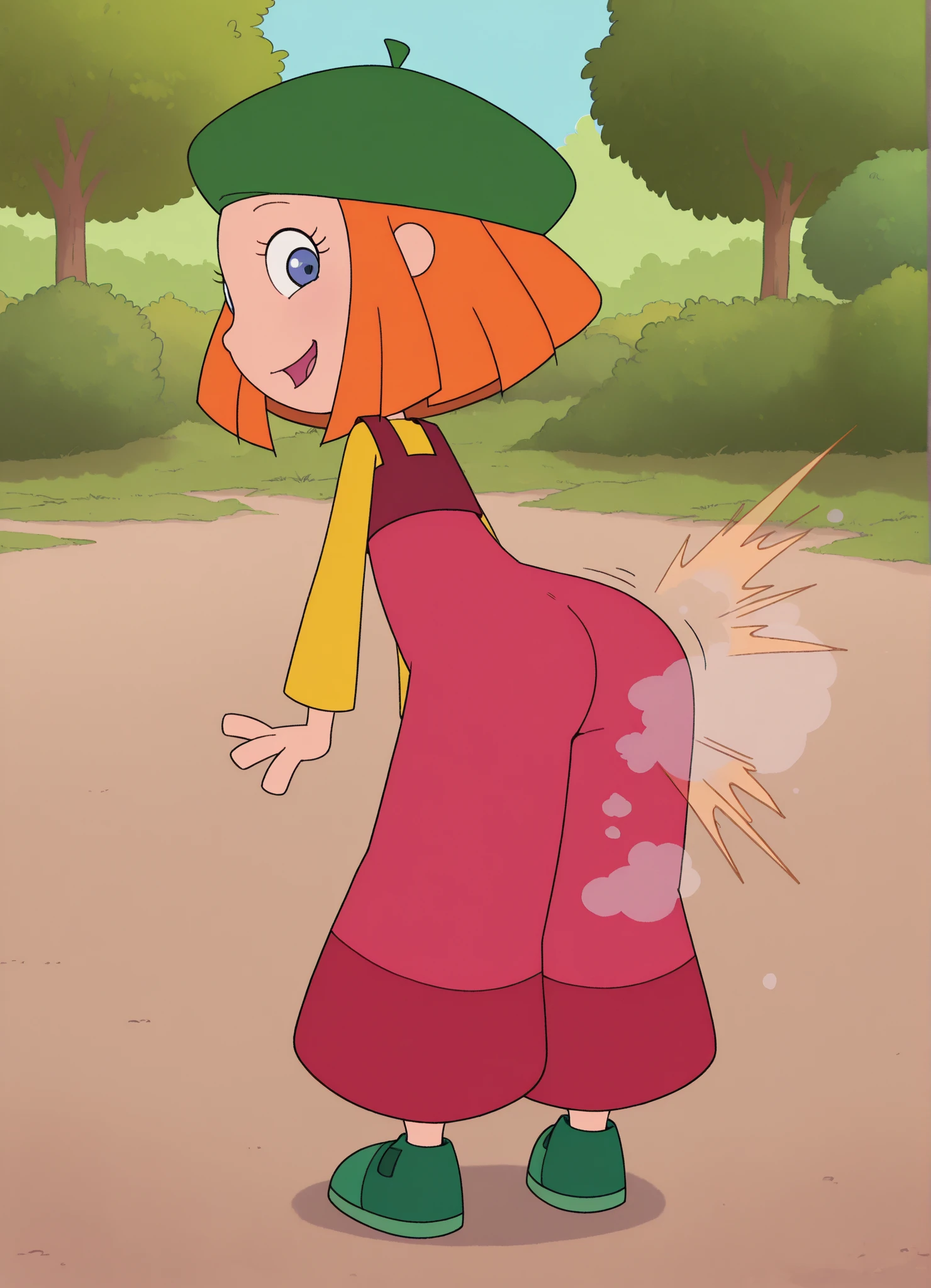 score_8, score_9, jenny, 1 girl, Alone, Brown hair, ponytail in hair, Blue eyes, earrings, standing, on the grass, open smile, back view, spread pussy, bottomless, Ahegao , masturbating, naked, Chibi, squatting