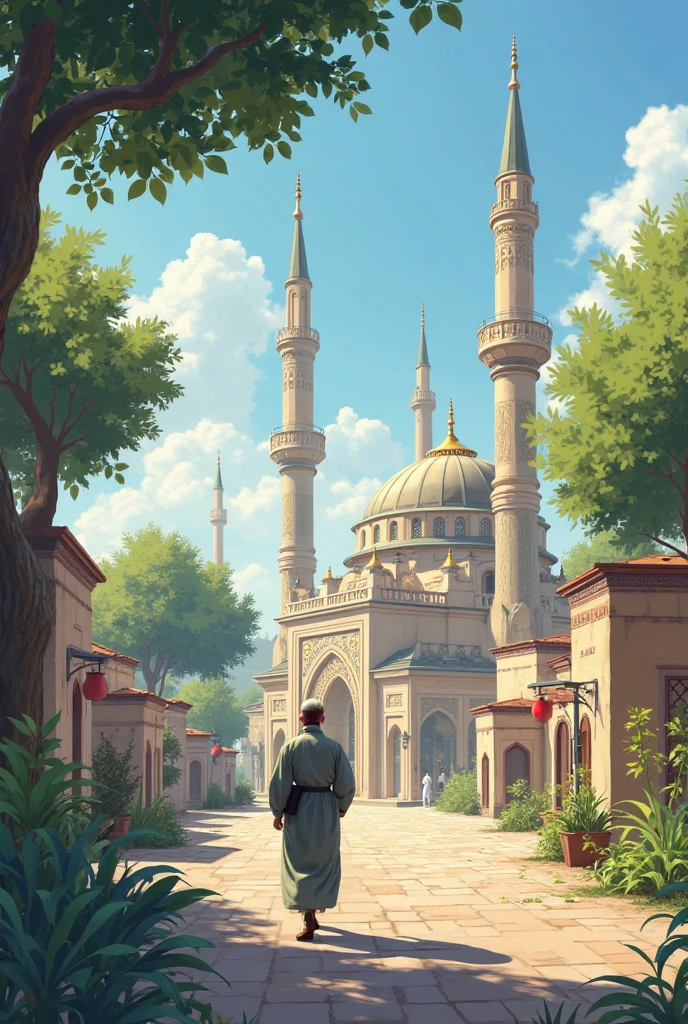 there is a muslim man walking down a street past a mosque, detailed cinematic shot, detailed cinematic render, cinematic matte illustration, 2020 video game screenshot, cinematic shot!, stylized concept art, makoto shinkai cyril rolando, rendered in unreal engine 5, atey ghailan and steve mccurry, ornate borders + concept art, stunning digital illustration, sunset