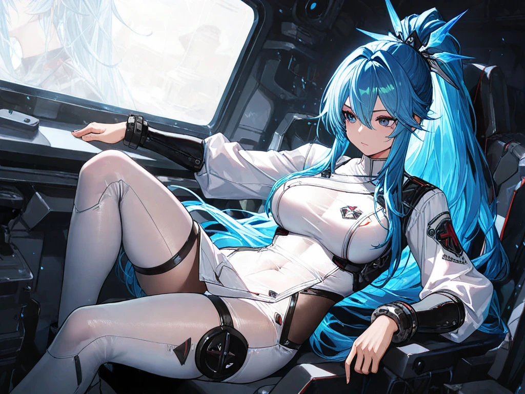 (Rear insertion position, ), Blue hair, blue eyes, short, Cute Hips, , ,(white inner suit、、Thigh-high stockings、Head-mounted display、), (On the bed),,nsfw、BREAK Perfect Anatomy、Highest quality、(cute:1.1)、(cute)、(High resolution:1.2)、Unbelievably absurd:1.3、Incredible illustrations、(cuteイラスト:1.2)、Beautiful background、(1 girl) 、solo)、(10th Generation、cyborg、)、slender、（lying on back:2.0）、