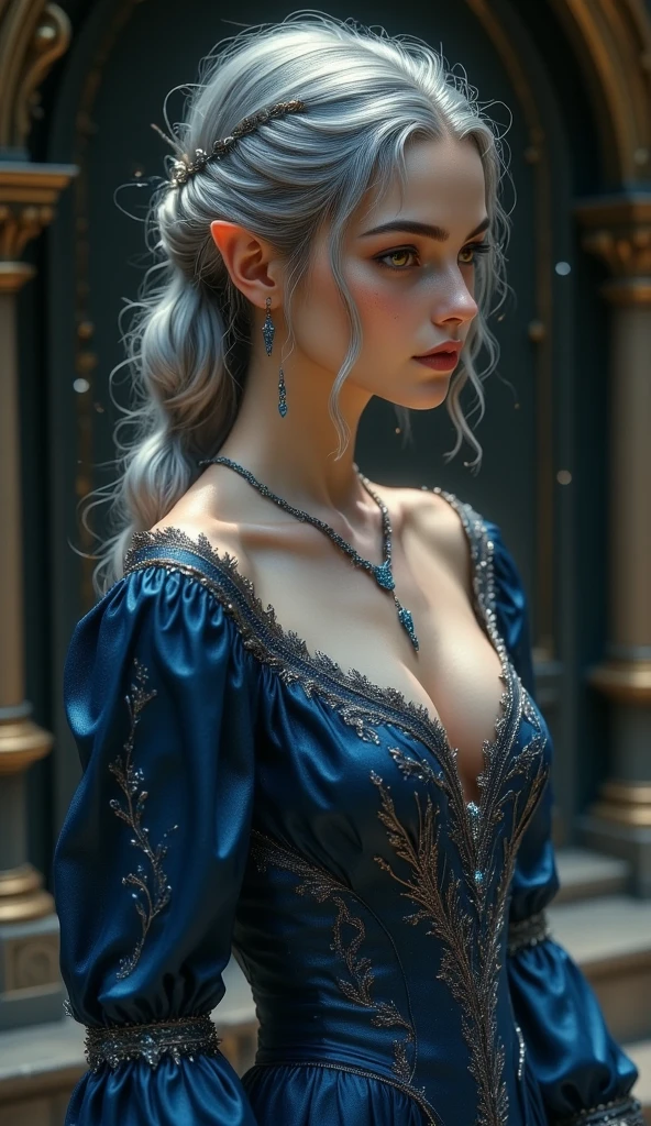 absurdres, majestic, a photo of a beautiful woman, posing fror a picture, enchantress,  dynamic angle, ornate, perfect face, beautiful detailed face, bright eyes, green eyes, undercut, medium breasts, black background,