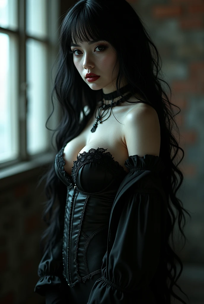 Best quality, masterpiece, filmg, 1girl, looking at viewer, natural skin texture, realistic eye and face details, full lips, red lipstick, (makeup), dark eyeshadow, dark eyeliner, long hair, close mouth, beautiful legs, tall female, skinny, solo, enormous breast, cleavage, black short skirt, black corset, tight corset, wet shirt, white shirt, shirt under corset, rain, transparent wet shirt, Show a little panties under the skirt, bright red lacy panties, goth choker, goth girl, goth style, emo, green eyes, raven black hair, bracelet, bangs, parted lips, lips , depth of field, garter over right thigh, knee highs, intense stare, upskirt, side view, legs wide open, touching own hair