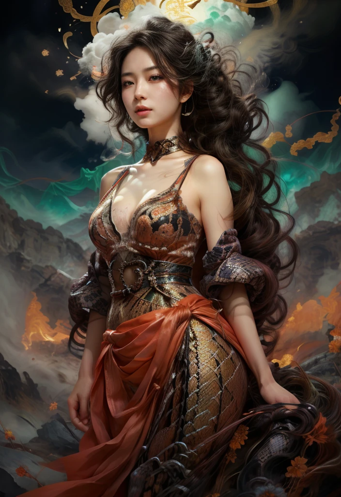 (masterpiece、top-quality、top-quality、Official art、Beautifully Aesthetic:1.2)、(1girl in)、ighly detailed、(Fractal Art:1.3)、colourfull、highestdetailed Black Nine Tail Fox Golden background Soft smile breasts are large Soft expression A smile brack Hair Wave Facing the front Hair is spreading