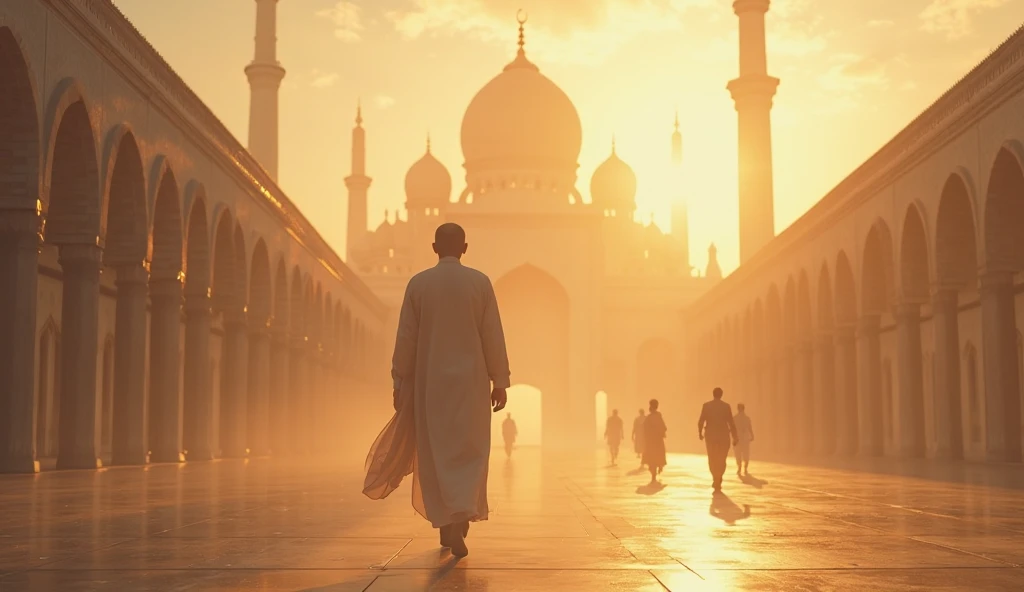 1 man,wearing a traditional kufi cap and a flowing thobe, walks gracefully towards the magnificent mosque during the golden hour of sunset, a feeling of reverence and devotion emanates from his peaceful countenance.sunny day,light shadow