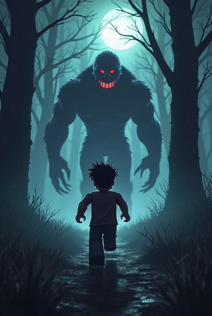 full body) (dark night blue ambience) a creepy looking creature in a forest, resident evil virus concept art, large eyes and menacing smile, hands are calling someone, jump scare, red giant, d&d art, evil standing smiling pose, tortured face made of wood, kerem beyit, stranger things vecna, the reaper as a scary, an eerie, two silhouettes of man are running in front 