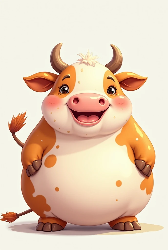 Personnage inspiré d'une vache cartoon avec des tache marrons est blanche des corne fine sur sa tête des soulier ???? est blanc sur s'est sabot des sabot en main une bague d'or sur sont nez est que le personnage a un côté un de cartoon avec le fait qu'il soi très très grand est musclé avec sont corps de vache avec une têtes de vache très magnifique 
