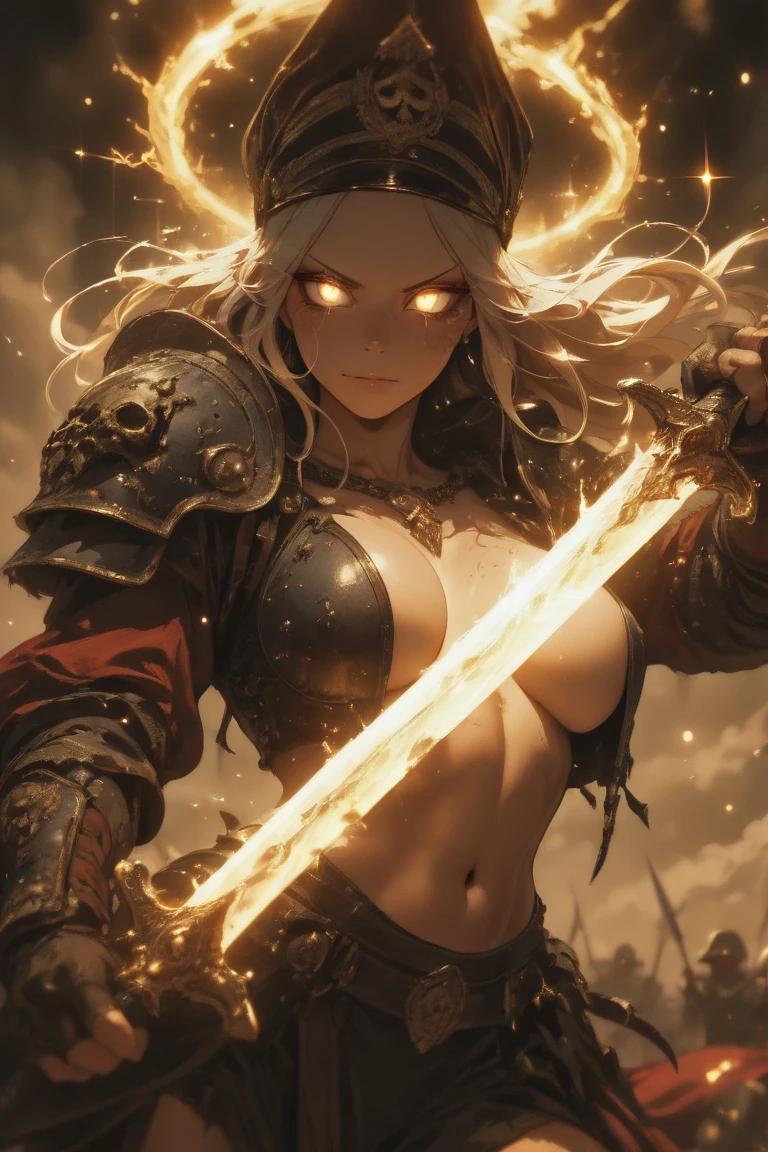 An outstanding painting of a beautiful white girl, flaming, surrounded by flames, burning hell, lava landscape, ashes, souls, demonic, diablo altar, fire girl style, the underworld, ghost knife style, fire-like hair, long red hair, (hair over one eye), (heterochromia), tatoo, huge tatoo, mouth wide open, one hand on mouth, burning dress, fire-like clothes, hell queen, demonic theme, large breasts, watery blue big eyes, (demon horns:1.3), thin waist, wide hips, magic colors, Ultra HD, 8K, real skin texture, best light, best shadow, action, wizarding world small mouth, Small nose, big eyes, cute, close-up head, facing camera, realistic digital painting portrait of a female human, 3r1nm0r1art72, cute smile, (wavy hair:1.1), (blonde hair:1.3), magical yellow universe, (abstract, background:1.2), (light particle:1.1), (very detailed skin:1.2), (game concept:1.3), (elden ring style:1.3), (arcane style:0.8), (depth of field:1.3), global illumination, art by hoang lap and fuji hoko and artgerm and greg rutkowski and viktoria gavrilenko 