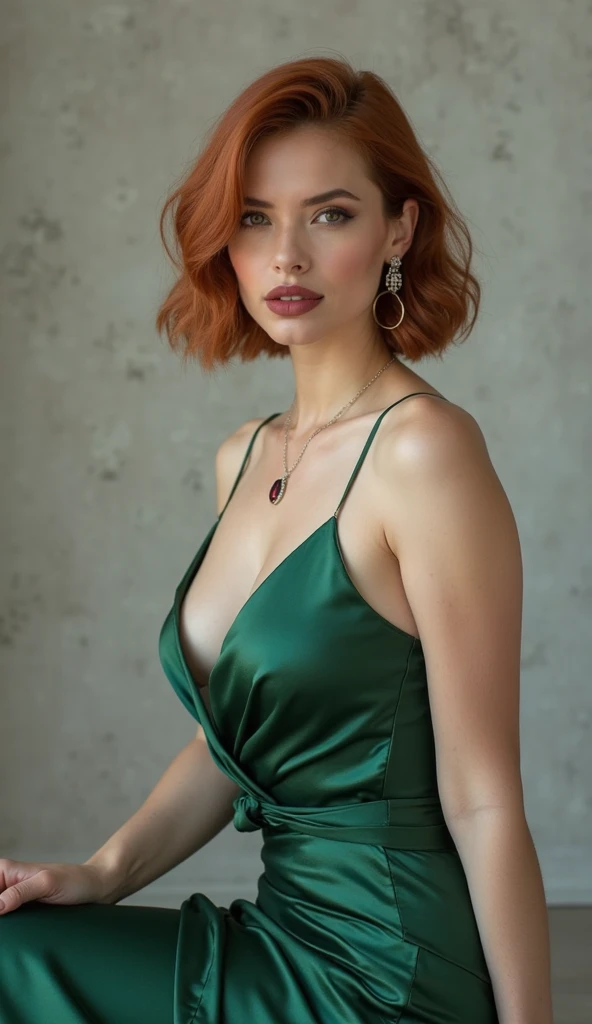 Snapshot of a beautiful 25 year old woman (kein Make-up) auf einer Hochzeit, natural face, blaue Augen, lange orange-rote Haare, blasse Haut, Perfect natural skin, strukturierte Haut, beautiful curves, weibliche Figur, big  (Cup size C). She wears very elegant, traumhaftes irish-green Kleid (Cleavage) (viele Details). Breites Lachen. The background is a wedding celebration with many guests. 1 solo girl. Full body shot, Fotorealistisch, RAW-Foto, szenisch, depth of field, detailliertes Gesicht, high resolution, satte Farben, filmische Beleuchtung, Film grain, mittlere Belichtungszeit, mittlere Blende, kleine Brennweite.
