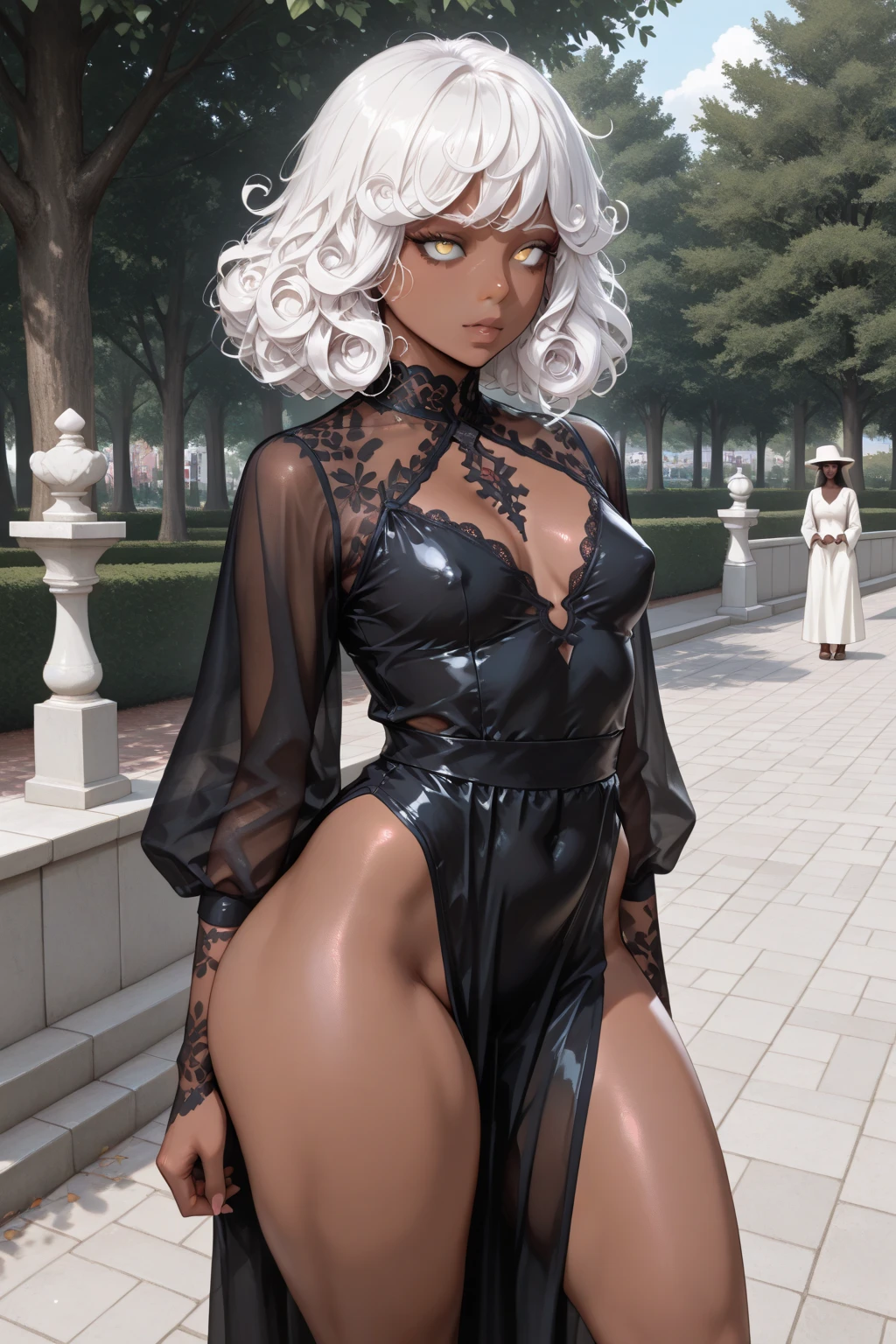 ((best quality)), ((masterpiece)),((detailed)), drow, dark elf slave girl with white hair and blue eyes and very dark skin and anxious face, (((very dark skin))), focus on face, she's eighteen years old, sexy, sensual, long legs, athletic body, well-toned body, skinny body, fullbody, large breasts, skinny thighs, slim, medium hair, long eyelashes, elf ears, medieval town street, medieval people in the back, (((hands tied behind back))), shackled hands, copious sweat on the body, wet body, tears, walking in street, embarrassed, ((anxious and blushing face)), ((metal slave collars with chain leash hold by the viewer)), public humiliation, frontal, no clothes, no panties, no bra, naked, ((naked woman)), ((nude)), (((arms behind back)))