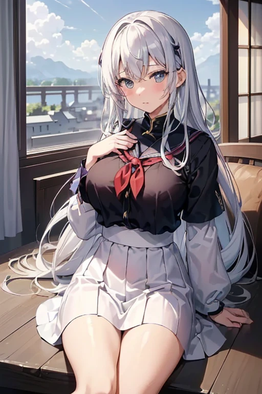 <lora:ScyllaV3:1>,scyllaschool, 1girl, breasts, solo, looking at viewer,  stairs, sitting,  thighband pantyhose,  open mouth, white shirt, beret, (black pantyhose), black skirt, red eyes, black jacket, off shoulder,  large breasts,