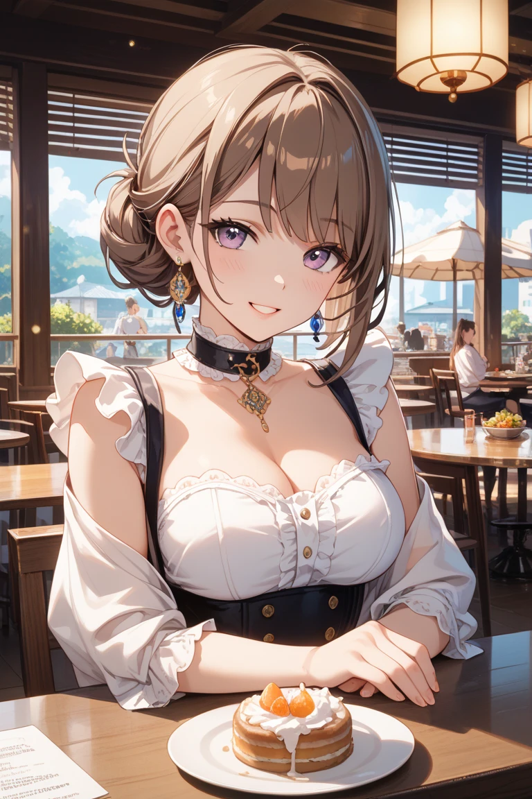 best quality, masterpiece, (leaning over:1.4), 1girl, armpit, cleavage, breasts apart, seductive smile, (blush:1.1), cute, village background