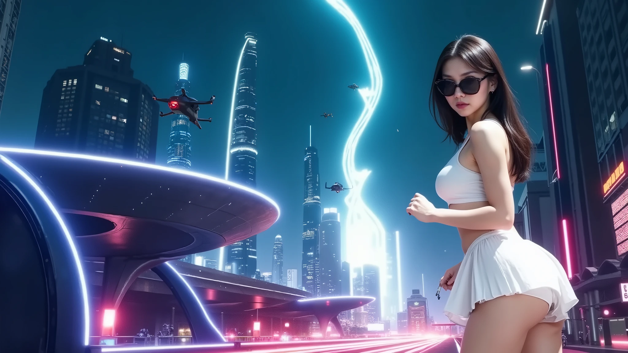 (((((aerial view))))), image of blade runner, tyrell corporation building, adjacent streets and ship tracks - (((cars flying, drone))), in a cyberpunk and futuristic environment, masterpiece, intricate details of the machine, 8k. Matrix style, (((Matrix cascading code))), (((a futuristic twin tower skyscraper with a unique twisted design))), (((OLED GUI interfaces in the building))), at night, (((1girl, solo))), photo realistic, (large-breast:1.3 slim body, slim face, cleavage:1.4), (sling top, extreamly short pleated miniskirt exposing lace white panty, upskirt), (((running pose))), (((matrix style black sunglasses))), (((((aiming with a short gun))))), (((looking at viewer))), (very low view), (((half-body thigh level medium shot))), ((cinematic lighting)).