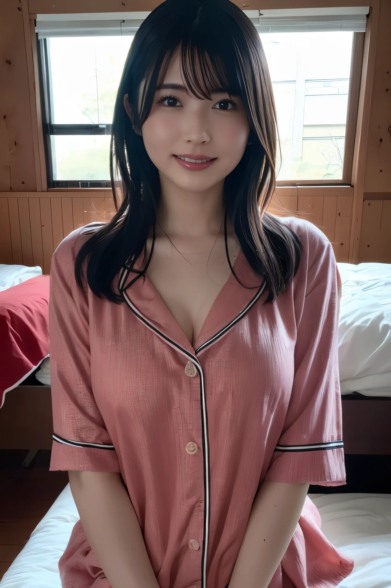 (8k, RAW Photos, Highest quality, High resolution: 1.1), (ultra Realistic: 1.4), (Realistic, Realistic: 1.3), The Beauty of Japan, pajamas, ((Upper Body: 1.3)) High resolution, Realistic image of a Japanese woman with short hair, She has big breasts and red cheeks, Look at that, smile She looks at it, smile, While taking a selfie. Her smartphone is close to her face. She appears to be live streaming from her home., Spread on the bed, With a blanket over my chest.Embarrassed face、Time is midnight、