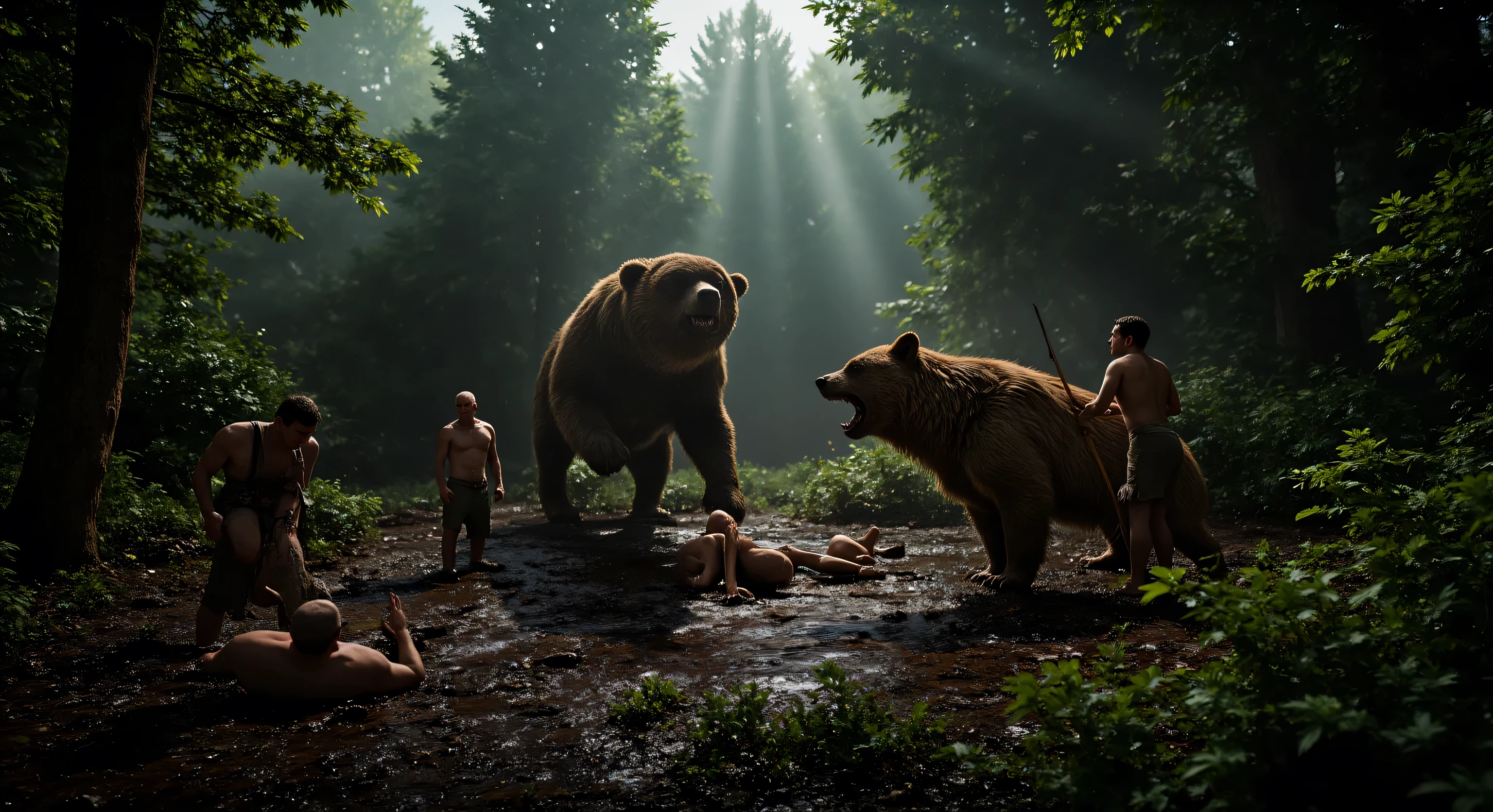 A desperate, chaotic battle between prehistoric human warriors armed with spears and a giant megafauna beast (like a Short-Faced Bear or a pack of Dire Wolves) at the edge of a dark forest. The fight is brutal, muddy, and bloody. cinematic photo, shot on 70mm film, National Geographic documentary style, hyperrealistic, dramatic volumetric lighting, god rays, ultra-detailed, sharp focus, 8K --ar 16:9
