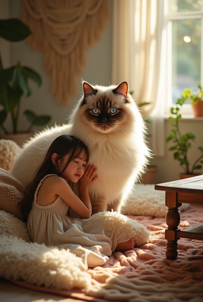 Dapple Ragdoll Prompt:A massive Ragdoll cat, with fluffy cream-and-seal-point fur ...