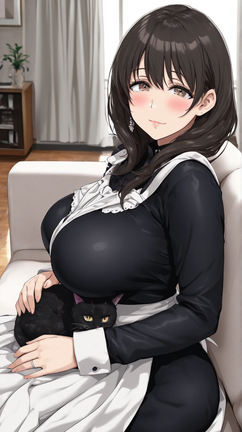 A woman, long hair, big breast, at the living room, holding a kitten