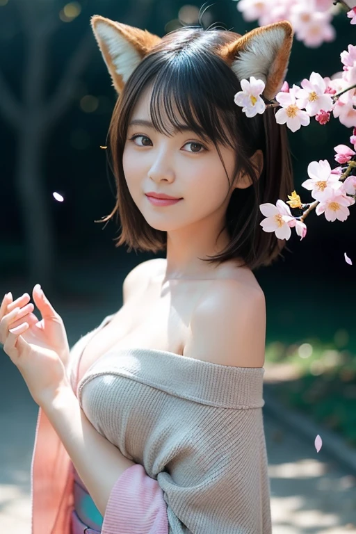 (top-quality、hight resolution、​masterpiece:1.3)、Tall and cute woman、large full breasts、black hair、bob cut hair、large full breasts、a white bikini、(Rows of cherry blossom trees in the background、Details exquisitely rendered in the face and skin texture、Detailed eye、二重まぶた、A smile