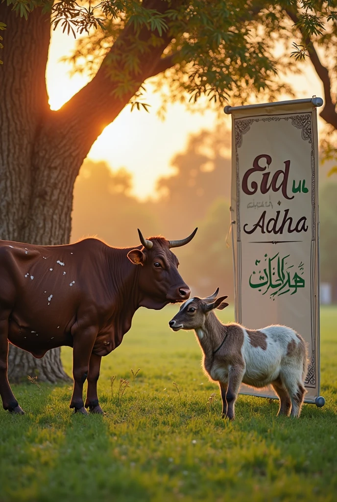 Mosque in gress area in tow table in grass chicken in grass and some cows