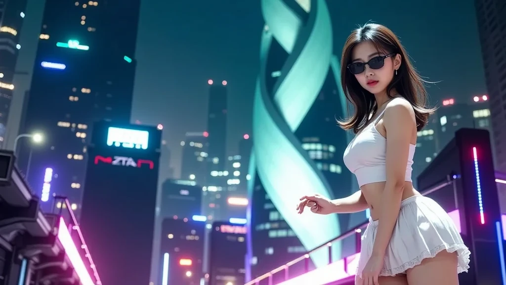 Raw photography, 4K, ​masterpiece, hight resolution, very intricate, Photorealsitic:1.4, Cinematic Lighting, at night, (1Girl, solo), solofocus, Wet, full body Esbian, large breasts cleavage:1.2, Slim waist, ​masterpiece:1.2, Hair disheveled, aerial view of cyberpunk city, Expressive Hues, Vibrant Palette, (matrix style micro sunglasses), ((aiming with a short:1.1 gun)).