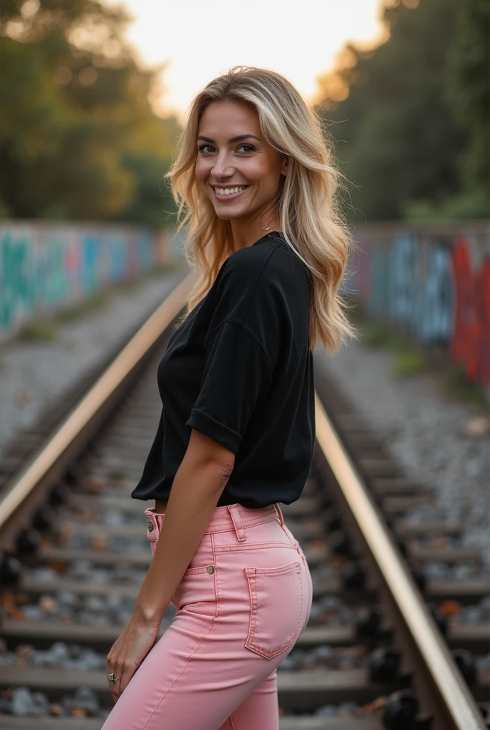 her name is Alliyah, high quality, 1girl, ((20-year-old fit Caucasian woman)), ((20 years old)), ((fit)), ((blonde with bangs)), pose: standing, wearing stylish pink trend Generation-Z modern wear, BACKGROUND: outdoor at night, ugly smiling, POSE: standing