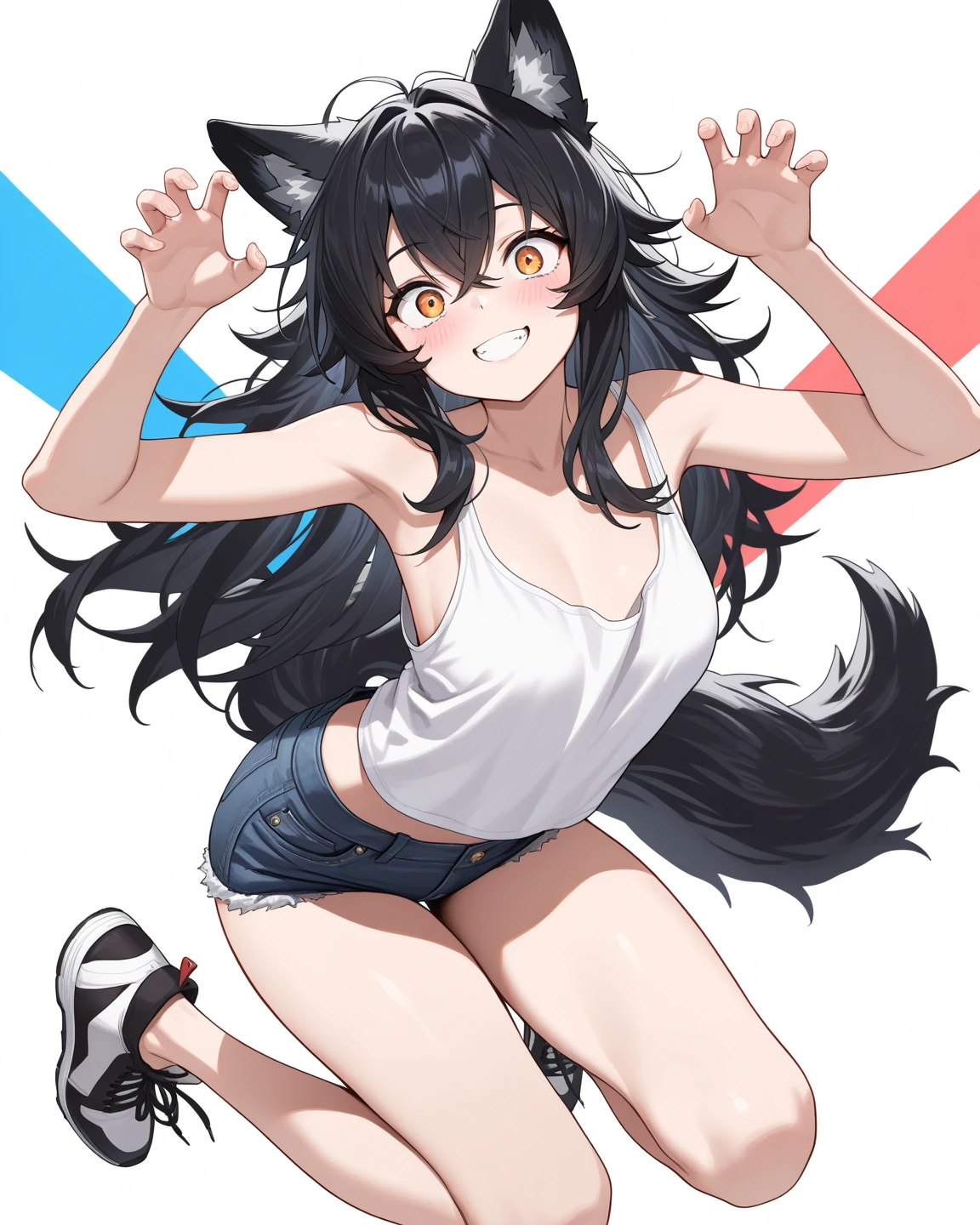 ((masterpiece, perfect anatomy)), long hair, messy hair, crossed bangs, black hair, white tank top, denim shorts, sneakers, wolf ears, wolf tail, jumping, claw pose,
looking at viewer, solo, 1girl, simple background, multicolored background, grin, happy, wide-eyed, naughty face, blush,