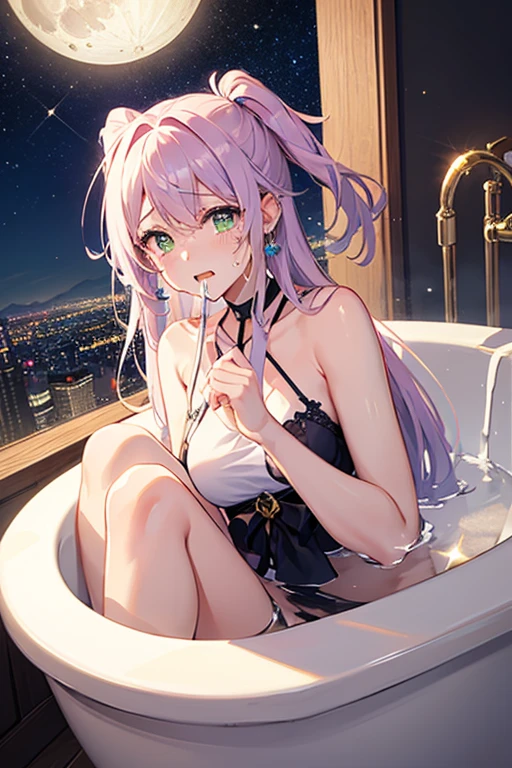 nsfw, 1 girl, game CG, naked, gigantic breasts, pink hair, long hair, hair up, princess hairstyle, ahoge, pink eyes, outdoor bath, night, 1 boy, fellatio, penis, cum, pov,