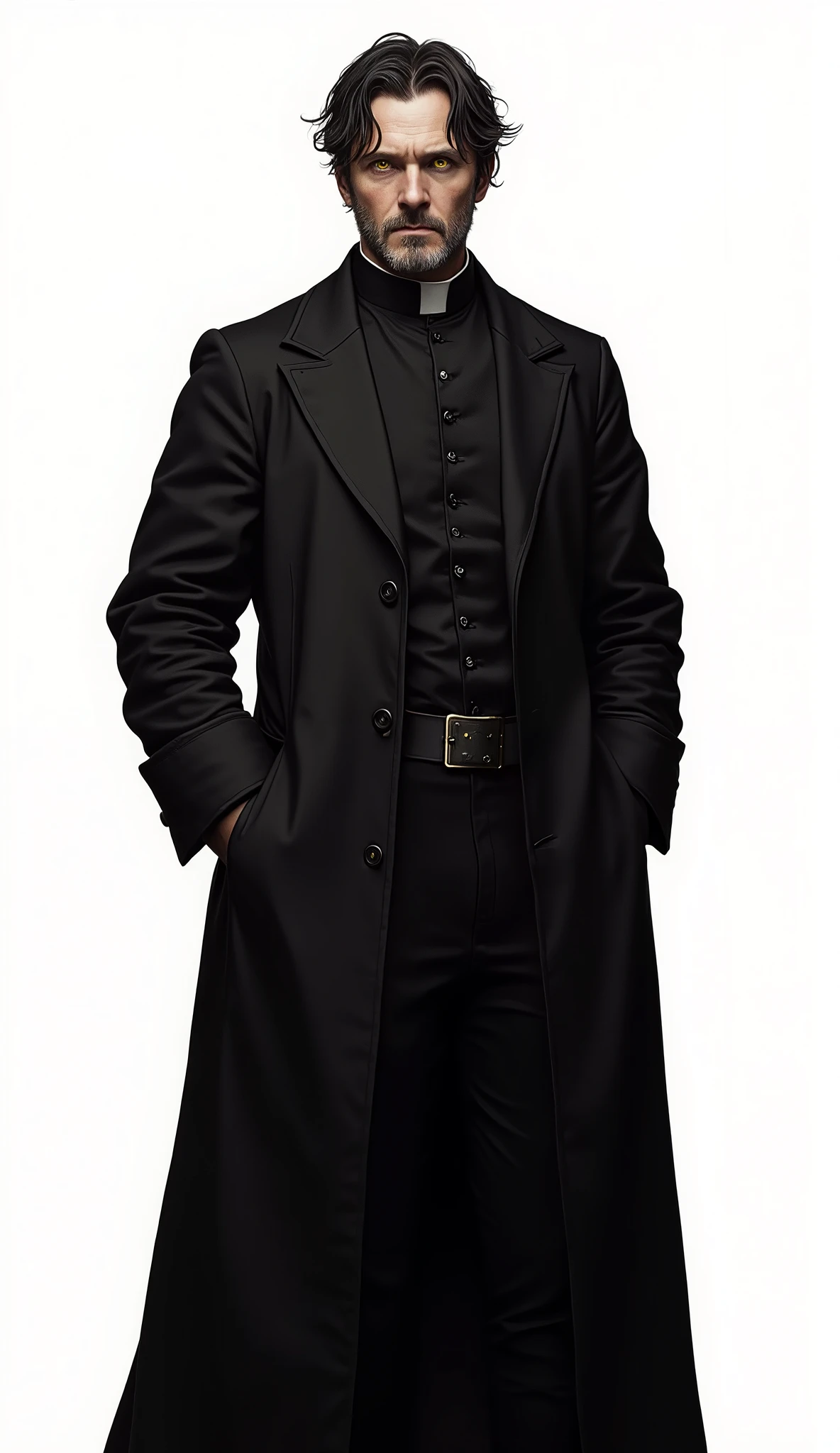 Middle Ages, 19th century, (full length, white background, 4k, 1 man,  elegant, Middle-aged man, 50 years old, bristle, a little gray, unkempt black hair, yellow eyes,  black priest clothes , masterpiece)
