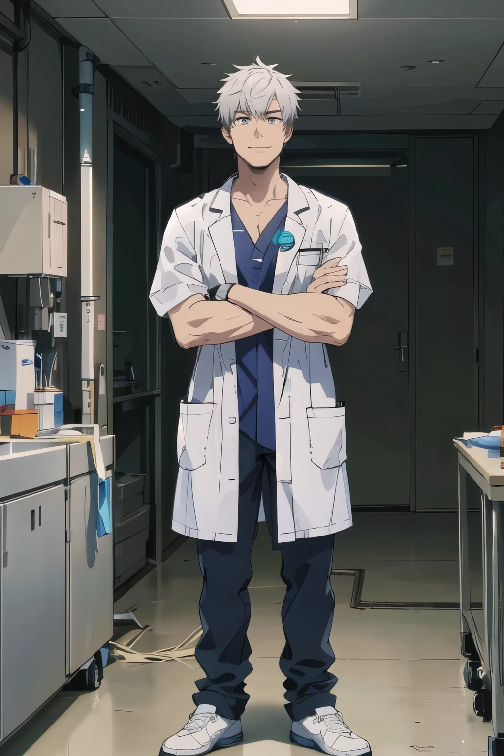 standing figure of a man wearing a surgical gown　Full Body　character design　1 person　disheveled hair　standing with arms crossed　Anesthetist　Smile Yan　with white background
