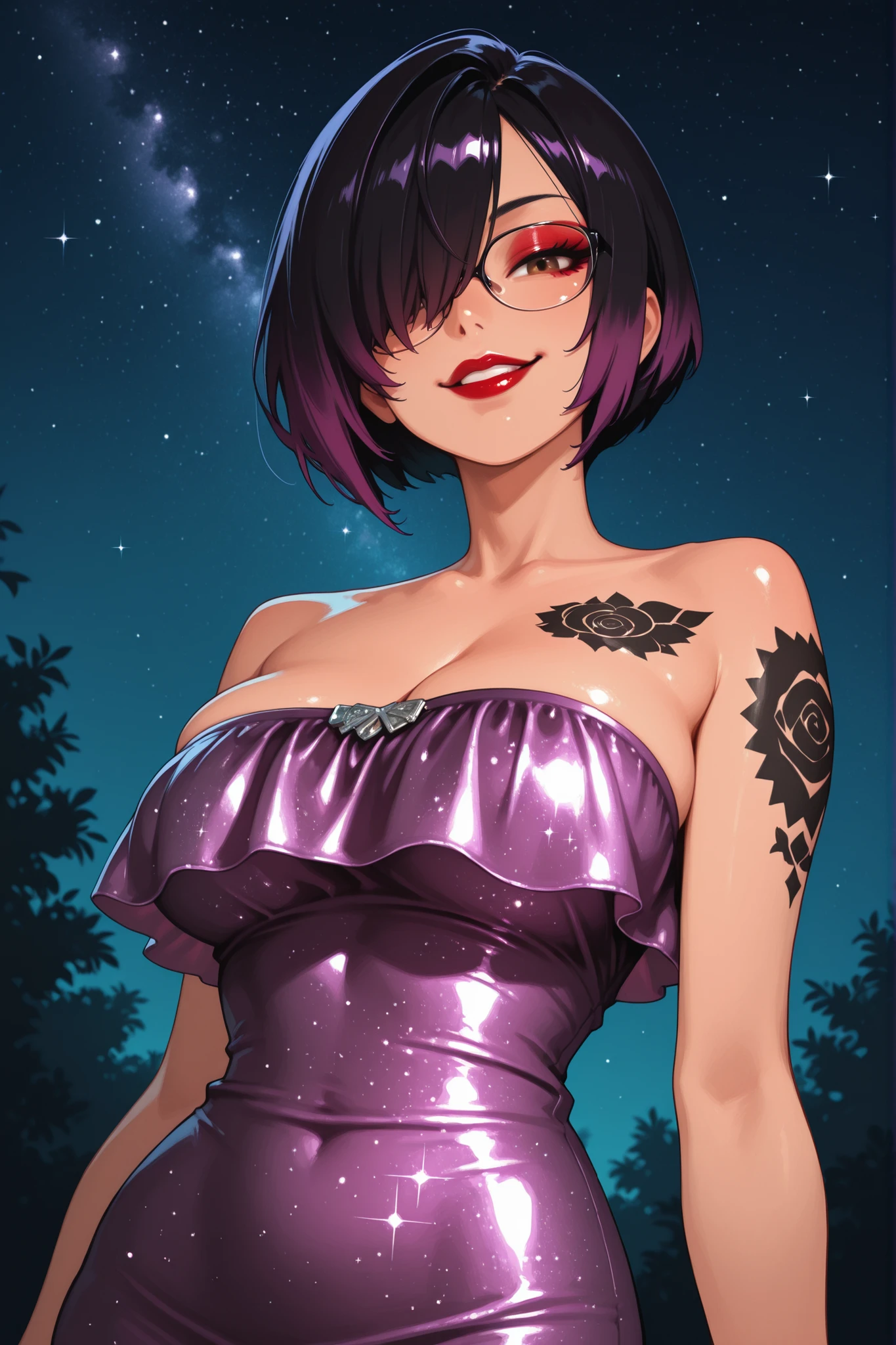 score_9, score_8_up, score_7_up, gwentd, 1girl, solo, two-tone hair, lipstick, makeup, black choker, cleavage, night sky, moon, starry sky, bare shoulders, purple dress, depth of field, looking to the side, sleeveless,