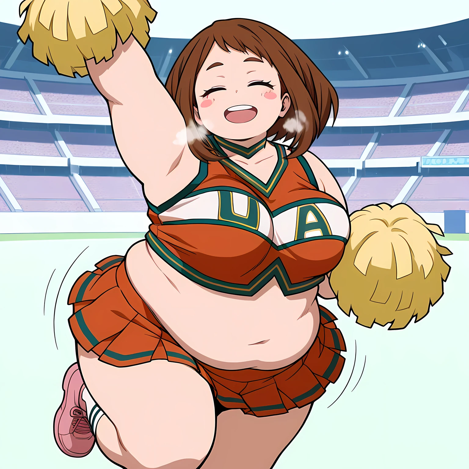high resolution picture, masterpiece, best quality, amazing quality, official art, Ochako Uraraka from My Hero Academia ,1girl, uraraka ochako, 1girl, brown hair,brown eyes,short hair, blush stickers, medium breasts, (flat colors, pastel colors) u.a. cheerleader uniform, 1girl, pom pom \(cheerleading\), solo, brown hair, orange pleated skirt, blush stickers, open mouth, orange crop top, short hair, midriff, blush, smile, navel, closed eyes, arm up, armpits, green choker, sleveless, pink shoes, white socks, standing on one leg, knee up, wall, stadium, crowd, bouncing breasts, motion lines, fat, chubby, obese, gigantic arms and legs, large breasts open mouth, out of breath, pov belly, from above