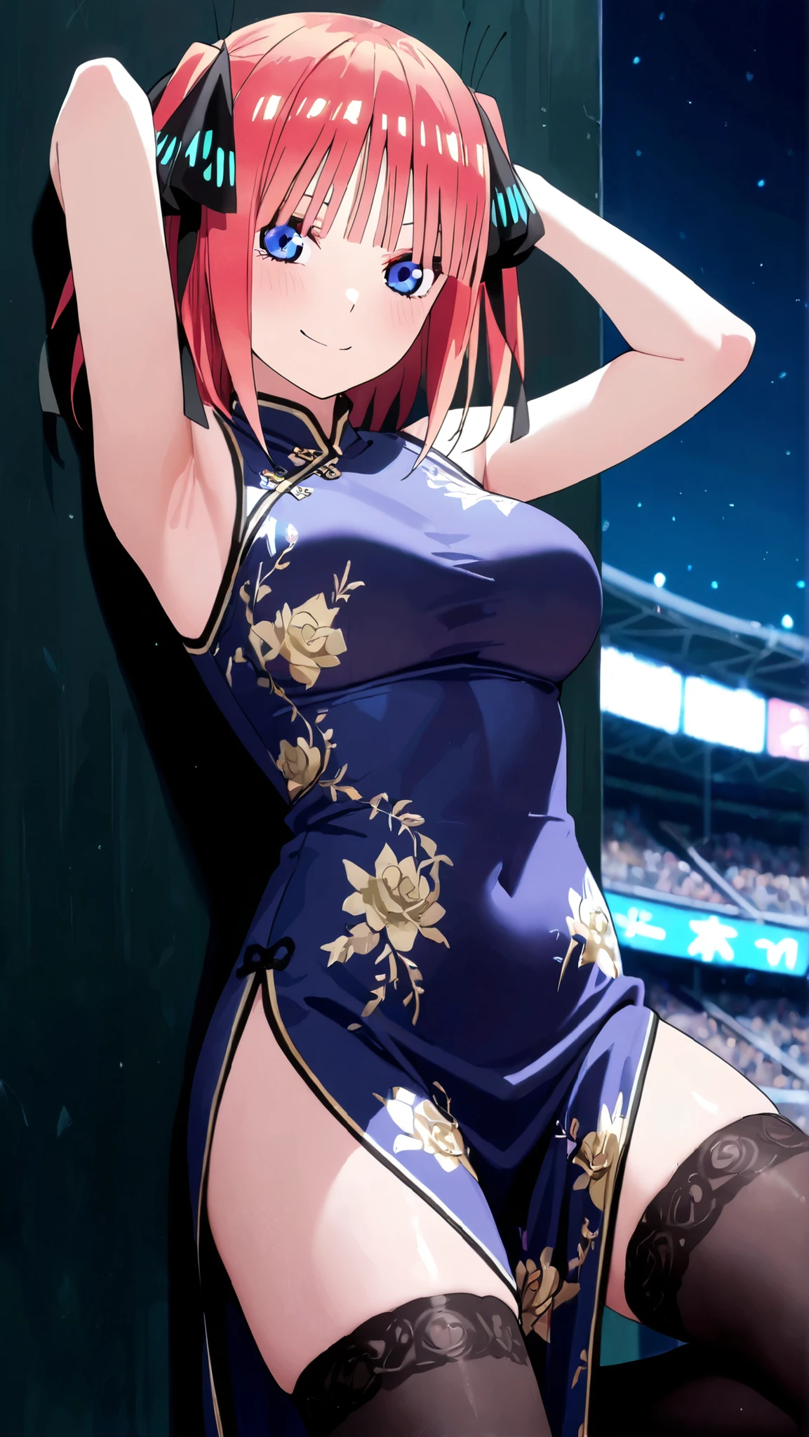 (masterpiece, best quality, very aesthetic, ultra detailed), intricate details,
1girl, shizukazom100, short hair, dark purple hair, bangs, hair ornament, hairclip, pink eyes, white pupils, medium breasts, satin, sparkling, side slit, night, crossed arms, silver dress,