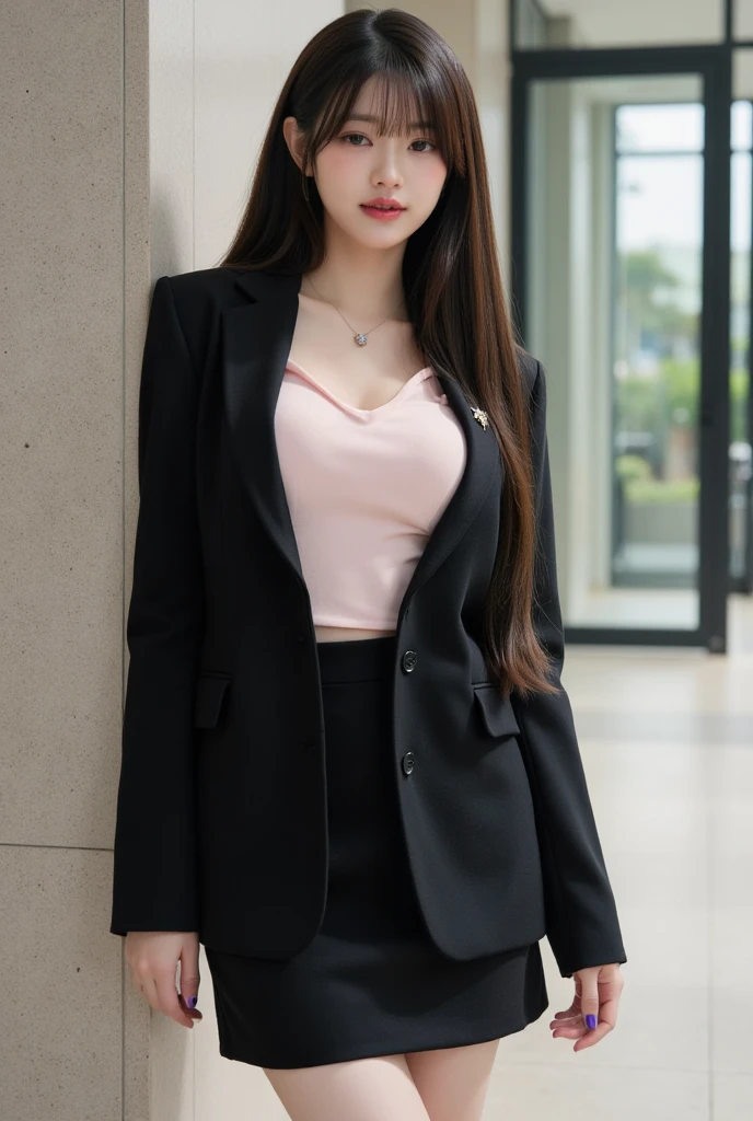 a 18 year old girl, she is the most beautiful actress in the world, the perfect body proportions of this girl, indirect bulge of her clothed large breasts, the blazer is appropriately buttoned up on the formal shirt above the short skirt that's hardly covering the panties between her bare legs, it's only one description of one body, above her head and below her feet are no space, the front of her body, looking forward to viewer, she is standing, at the city street, nsfw, best quality, highly detailed, masterpiece, ultra high res, photo realistic, 8k, RAW photo