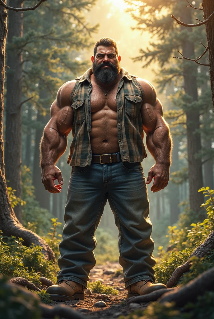 He is a lumberjack. Whole body image of an Absolute monster of a Caucasian is showing off his huge bicep muscles. Huge huge shoulders, he is as broad as he is tall. 30 years old. bleach blond close cropped stubble, powerfully muscled, massive shoulders and biceps. well-defined six pack. Exceptionally thick gold cross necklace. chest tattoo. Forest