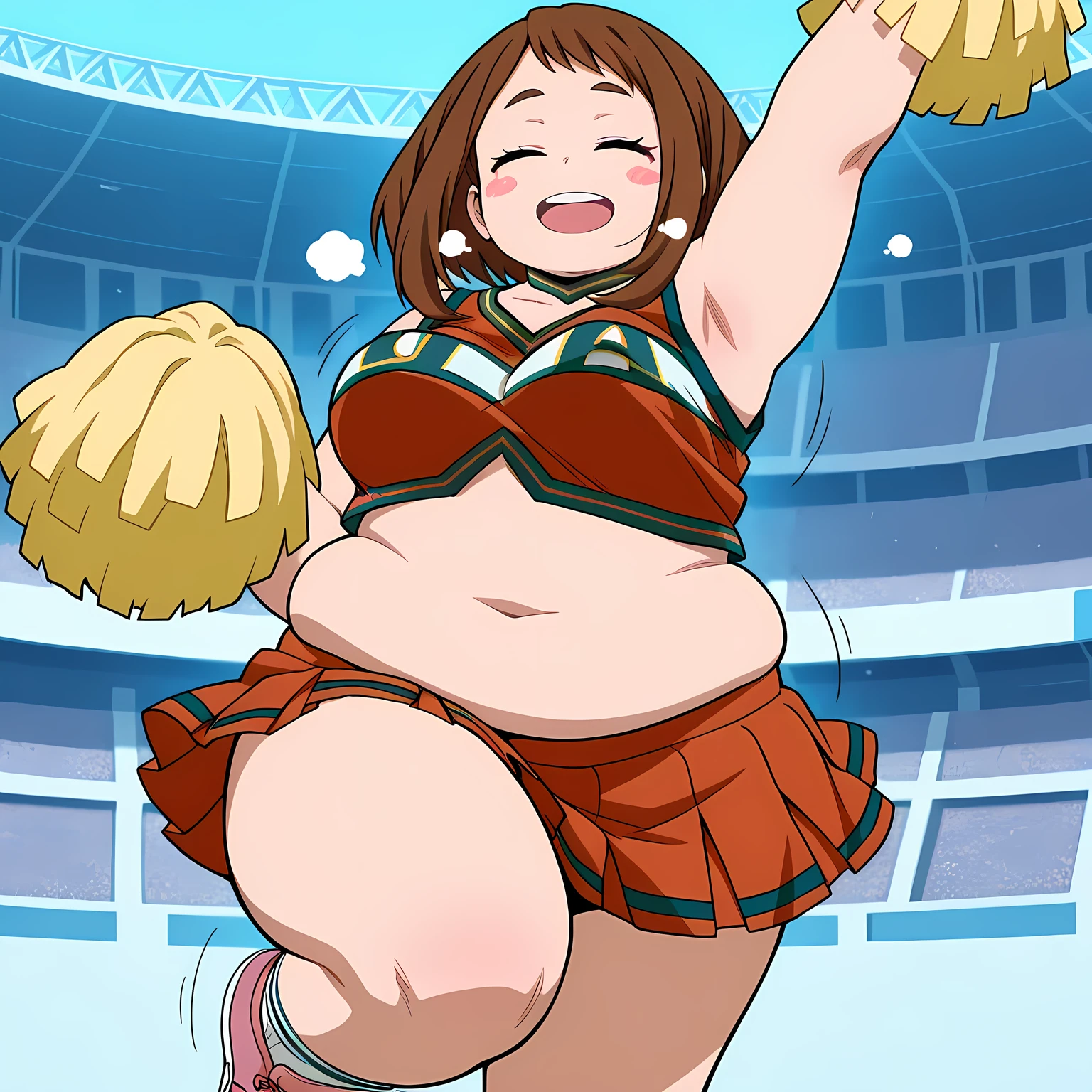 high resolution picture, masterpiece, best quality, amazing quality, official art, Ochako Uraraka from My Hero Academia ,1girl, uraraka ochako, 1girl, brown hair,brown eyes,short hair, blush stickers, medium breasts, (flat colors, pastel colors) u.a. cheerleader uniform, 1girl, pom pom \(cheerleading\), solo, brown hair, orange pleated skirt, blush stickers, open mouth, orange crop top, short hair, midriff, blush, smile, navel, closed eyes, arm up, armpits, green choker, sleveless, pink shoes, white socks, standing on one leg, knee up, wall, stadium, crowd, bouncing breasts, motion lines, fat, chubby, obese, gigantic arms and legs, large breasts open mouth, out of breath, pov belly, from below
