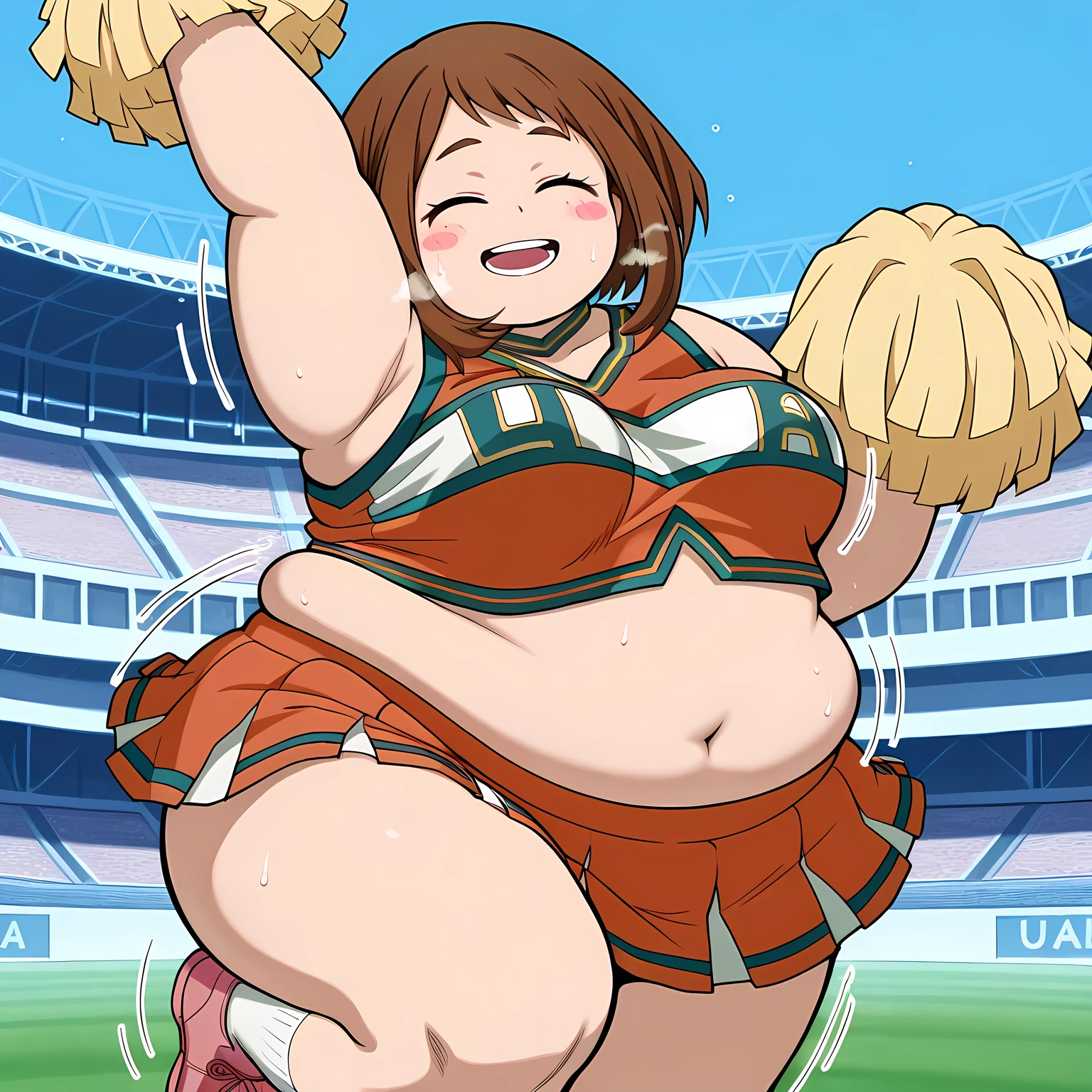 high resolution picture, masterpiece, best quality, amazing quality, official art, Ochako Uraraka from My Hero Academia ,1girl, uraraka ochako, 1girl, brown hair,brown eyes,short hair, blush stickers, medium breasts, (flat colors, pastel colors) u.a. cheerleader uniform, 1girl, pom pom \(cheerleading\), solo, brown hair, orange pleated skirt, blush stickers, open mouth, orange crop top, short hair, midriff, blush, smile, navel, closed eyes, arm up, armpits, green choker, sleveless, pink shoes, white socks, standing on one leg, knee up, wall, stadium, crowd, bouncing breasts, motion lines, fat, chubby, obese, gigantic arms and legs, large breasts open mouth, out of breath, pov belly, from above