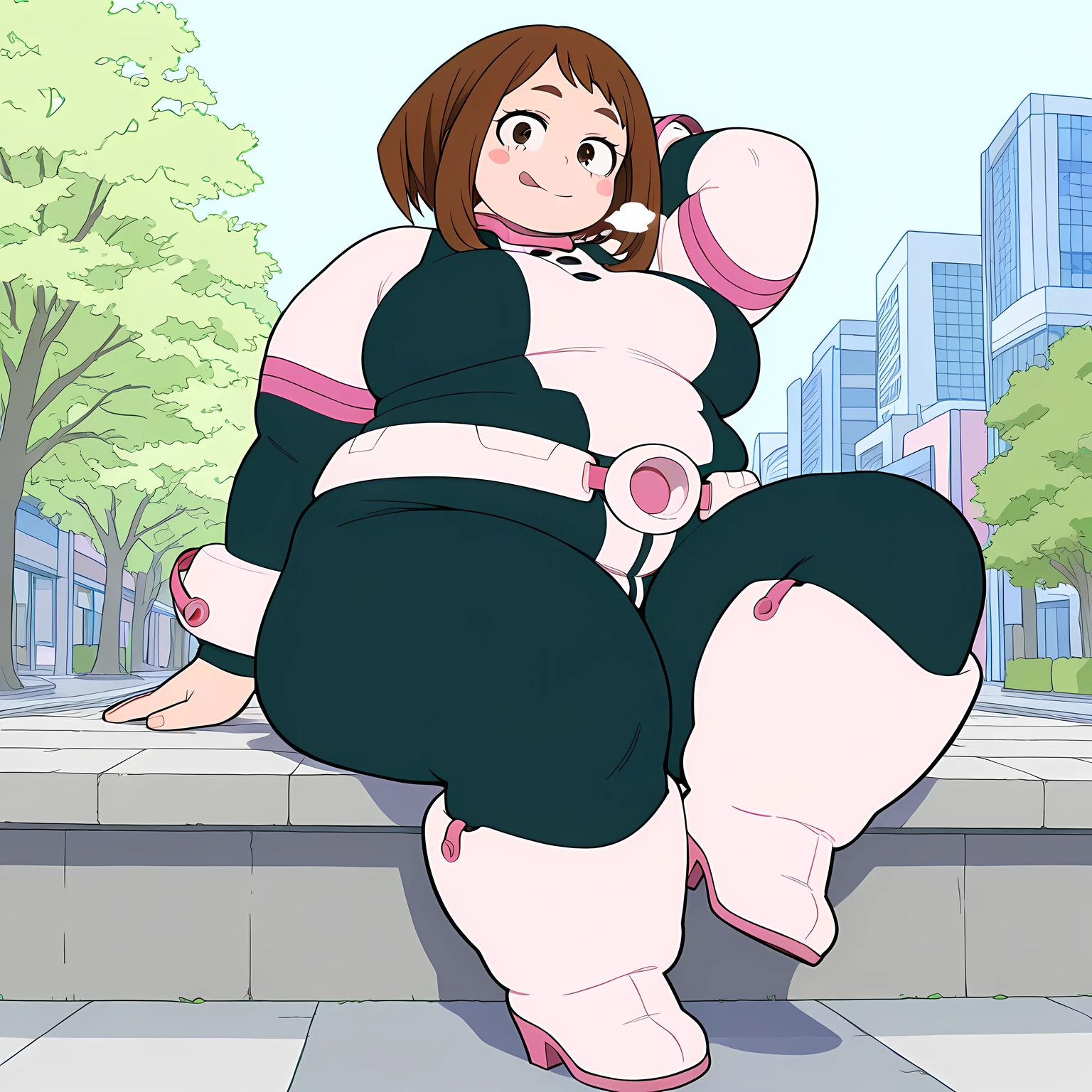 high resolution picture, masterpiece, best quality, amazing quality, official art, Ochako Uraraka from My Hero Academia ,1girl, uraraka ochako, 1girl, brown hair,brown eyes,short hair, blush stickers, medium breasts, (flat colors, pastel colors) solo, superhero, hero bodysuit,(pink belt), pink wrist guards,pink boots, closed mouth, sitting, ,arm behind head, :p,tongue out,smile,looking at viewer, city, sidewalk, tree, head tilt,knee up,high heels,knee boots,full body, fat, chubby, obese, gigantic arms and legs, large breasts open mouth, out of breath, from below, pov belly,