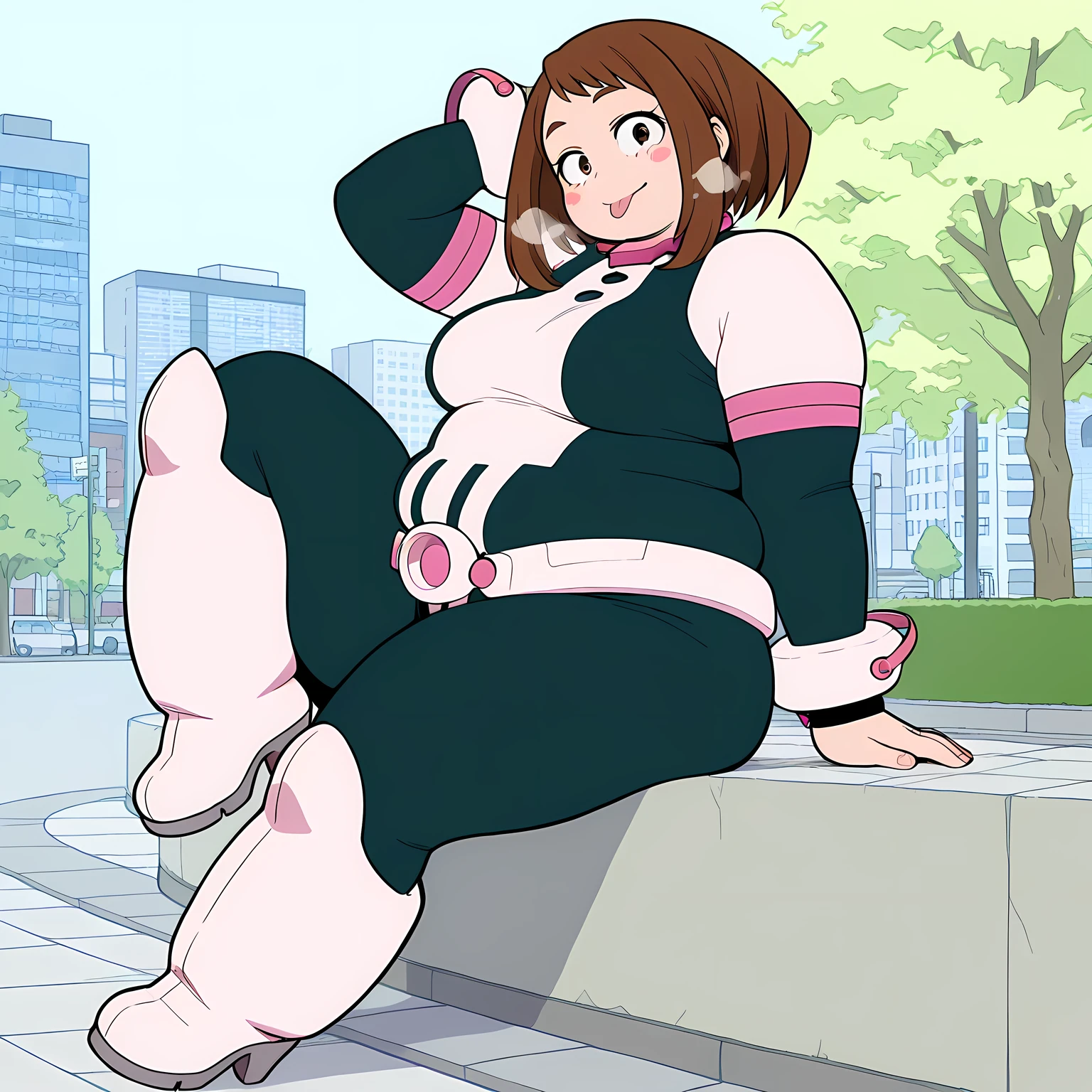 high resolution picture, masterpiece, best quality, amazing quality, official art, Ochako Uraraka from My Hero Academia ,1girl, uraraka ochako, 1girl, brown hair,brown eyes,short hair, blush stickers, medium breasts, (flat colors, pastel colors) solo, superhero, hero bodysuit,(pink belt), pink wrist guards,pink boots, closed mouth, sitting, ,arm behind head, :p,tongue out,smile,looking at viewer, city, sidewalk, tree, head tilt,knee up,high heels,knee boots,full body, fat, chubby, obese, gigantic arms and legs, large breasts open mouth, out of breath, from side, pov belly,