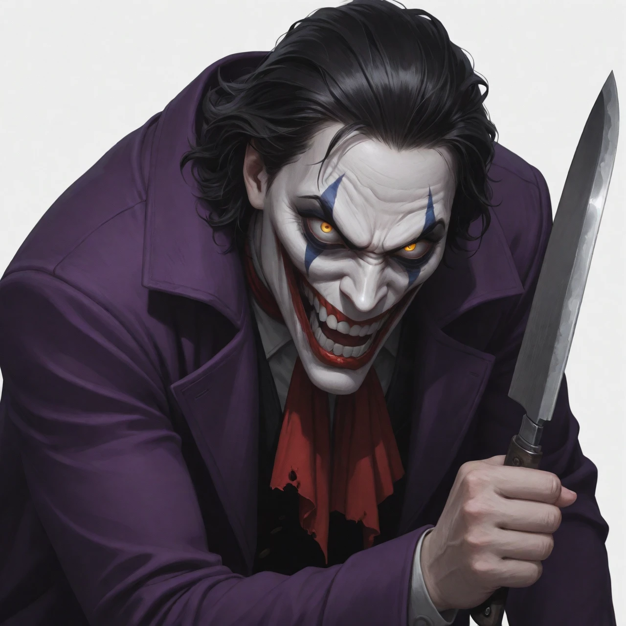 Bloodied Jester An illustration of an evil clown covered in blood, holding a dripping knife, with a twisted and sadistic expression, evoking a sense of terror and danger, Ultra realism, color field printing, high detail, UHD, 8k, anatomically correct, cinematic lighting 4d quality --auto