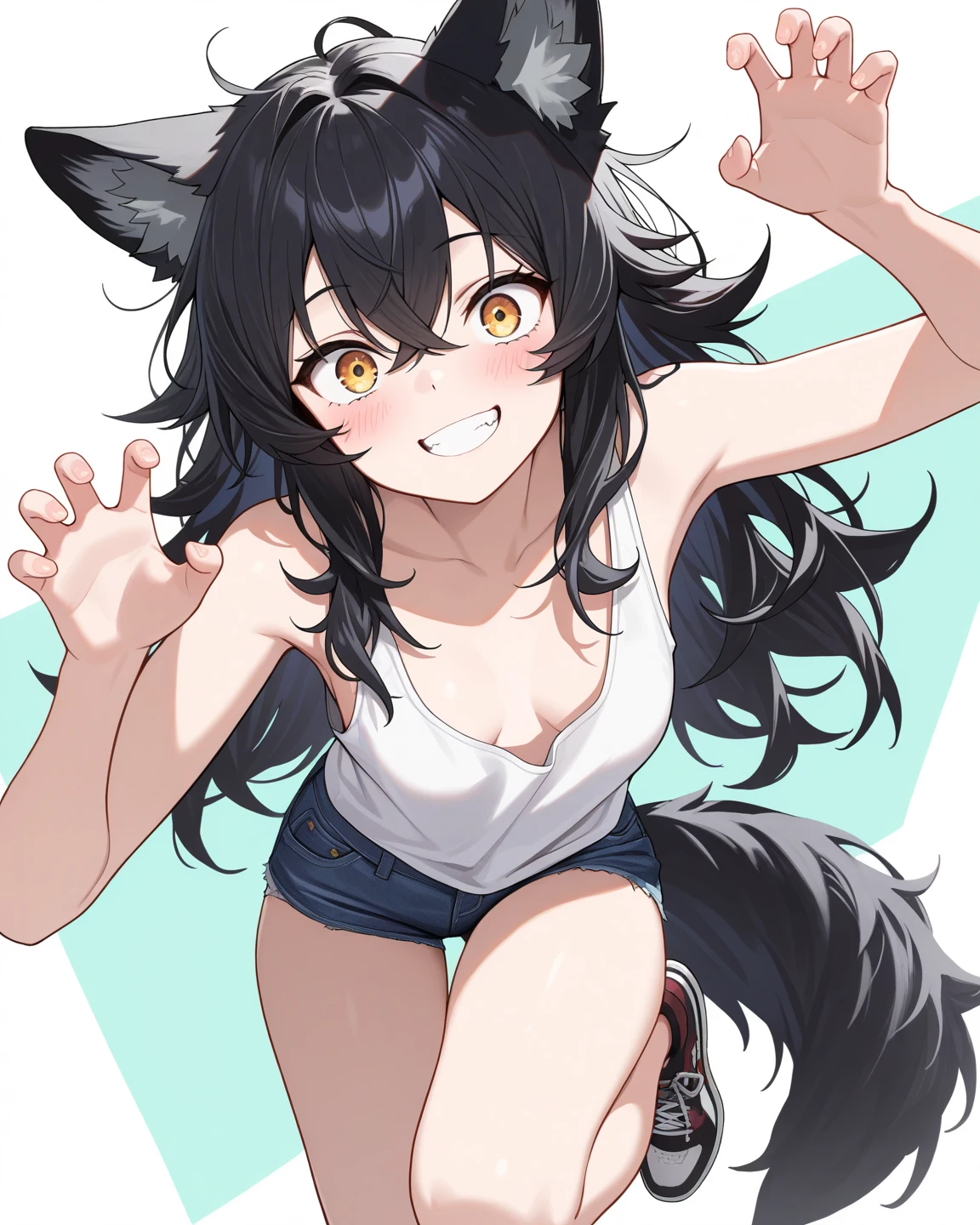 ((masterpiece, perfect anatomy)), long hair, messy hair, crossed bangs, black hair, gold eyes, white tank top, denim shorts, sneakers, wolf ears, wolf tail, jumping, claw pose, looking at viewer, solo, 1girl, simple background, multicolored background, grin, happy, wide-eyed, naughty face, blush,