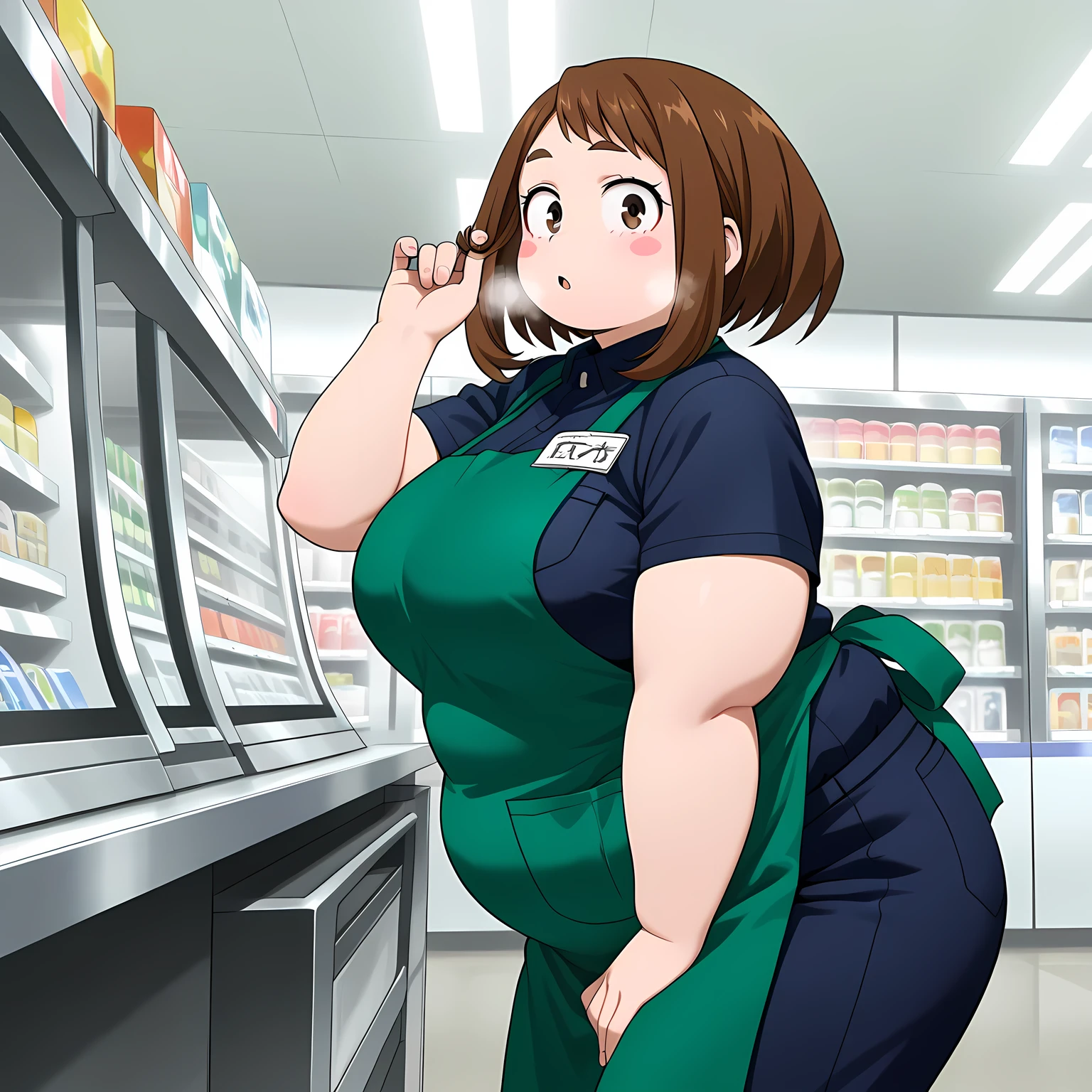 score_9, score_8_superior, score_7_superior, One girl, Ogawa Sumireko, white psuperiorils, alone, hair superior, Black Shirt, Food, Green jacket, Long sleeve, superiorper body, bookstore, indoor, Depth of written boundary, Huge breasts, Mature Woman, Mature Woman, Breasts pressed together, v Arms, View your viewers, Embarrassing, blush 、apron、Pregnant women