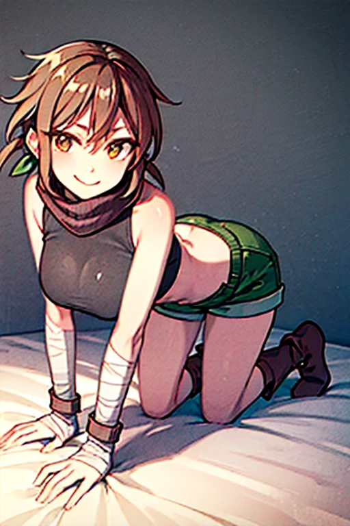 tennis girl's massive vagina out of bottomless spaghetti strap tank top out bare and wet boots spreading her legs, gloved hands hidden behind head, blindfold